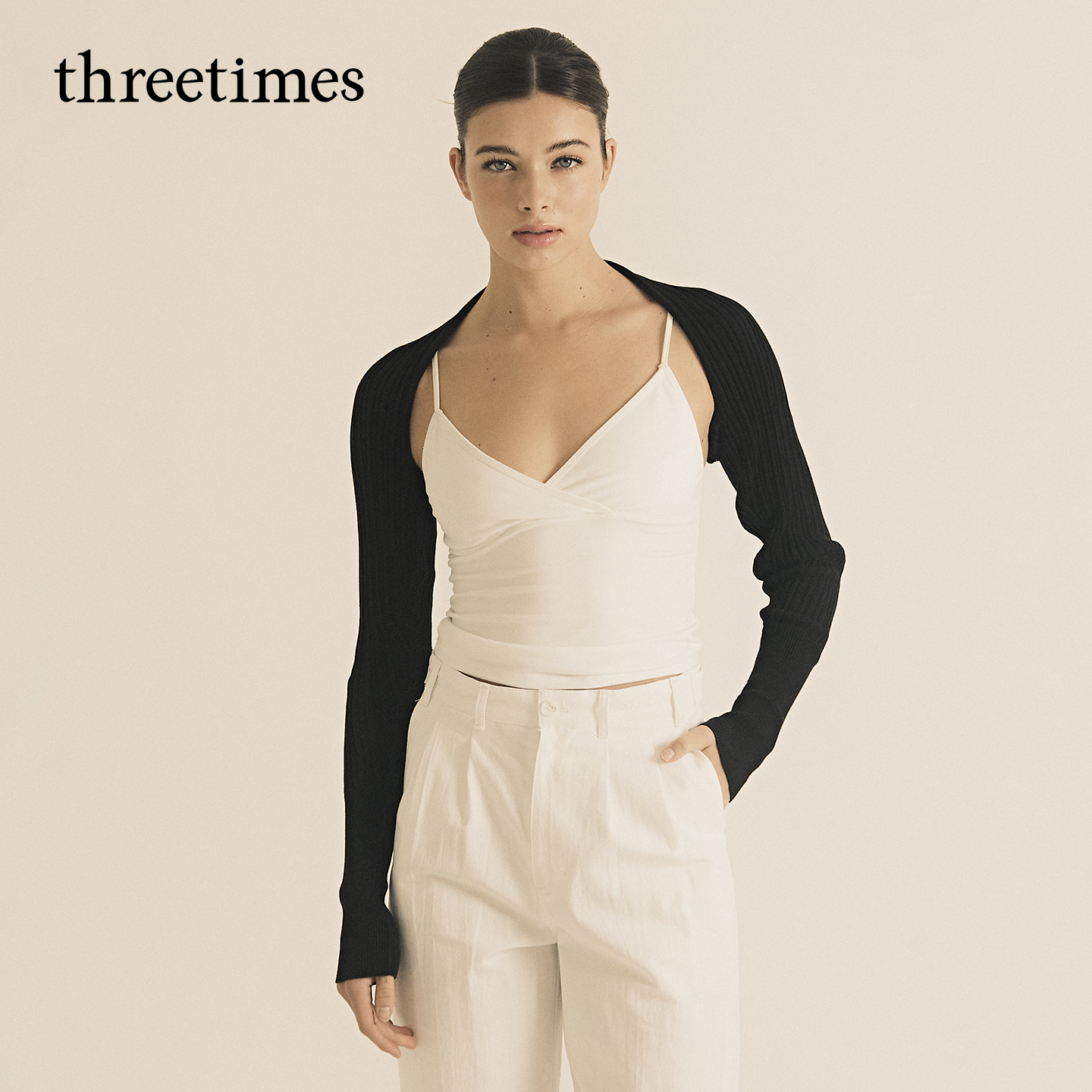 threetimes2025超火长袖披肩针织开衫女春秋短款修身外搭罩衫上衣