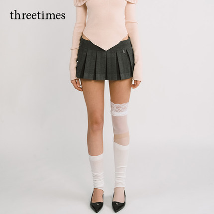 threetimes2025冬季新款miu系百褶半身裙女短款少女风A字短裙裙裤