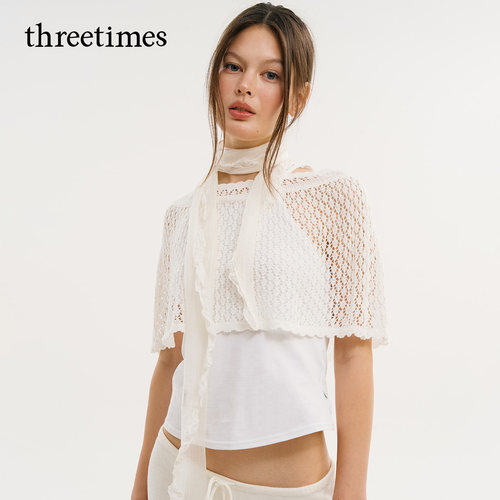 网红博主同款threetimes气质绝美一字肩镂空罩衫女夏披肩针织上衣