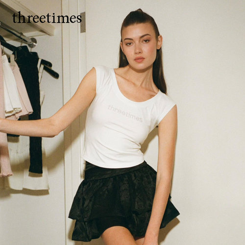 threetimes字母烫钻短袖T恤女2026新款夏季修身露脐短款韩系上衣