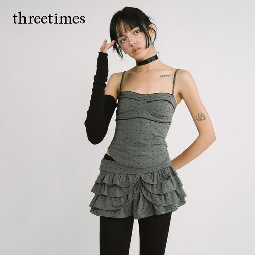 threetimes碎花抹胸吊带背心女mayu同款露背设计感内搭甜辣短上衣