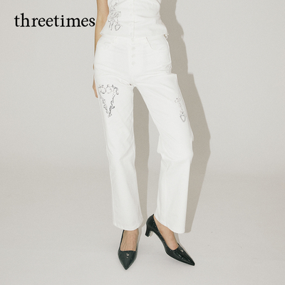 threetimes印花图案巨好看窄版女士直筒裤潮2026百搭休闲长裤女春