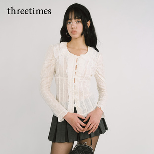 threetimes法式独特绝美木耳边衬衫女2025新款褶皱设计感长袖上衣
