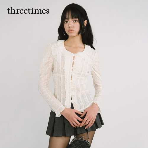 threetimes法式独特绝美木耳边衬衫女2026早秋褶皱设计感长袖上衣