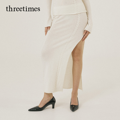 threetimes2026早春白色羊毛麻花针织半身裙女长款侧开叉包臀长裙