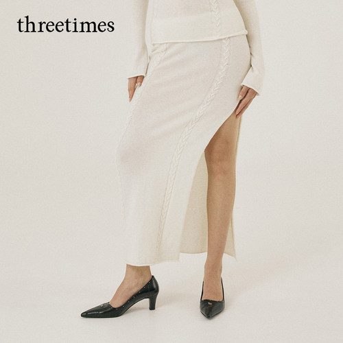 threetimes2026早春白色羊毛麻花针织半身裙女长款侧开叉包臀长裙