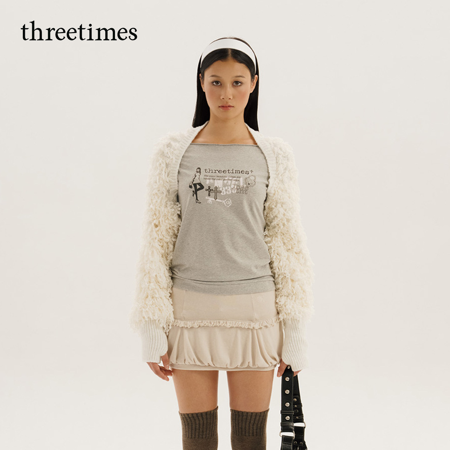threetimes26年秋新品仿羊羔毛针织开衫女长袖宽松慵懒风毛衣外套图片