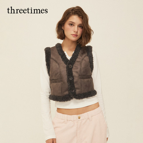 threetimes2026春复古时髦仿皮毛一体马甲女短款保暖显瘦坎肩外套