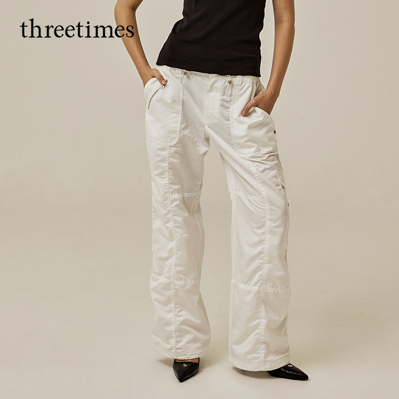 threetimes2025秋季美式白色工装裤女酷飒风直通高腰阔腿休闲裤潮