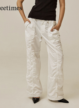 threetimes2026春季美式白色工装裤女酷飒风直通高腰阔腿休闲裤潮