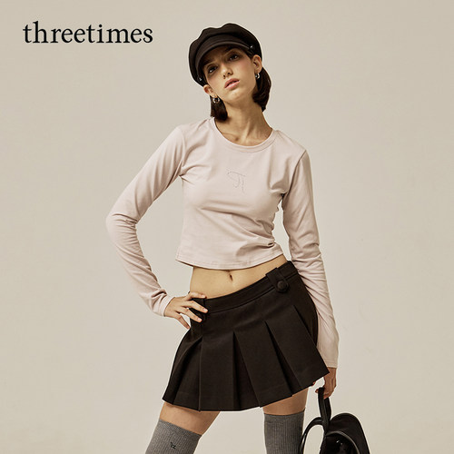 threetimes2026早春韩版修身短款圆领长袖t恤女甜辣百搭显瘦上衣