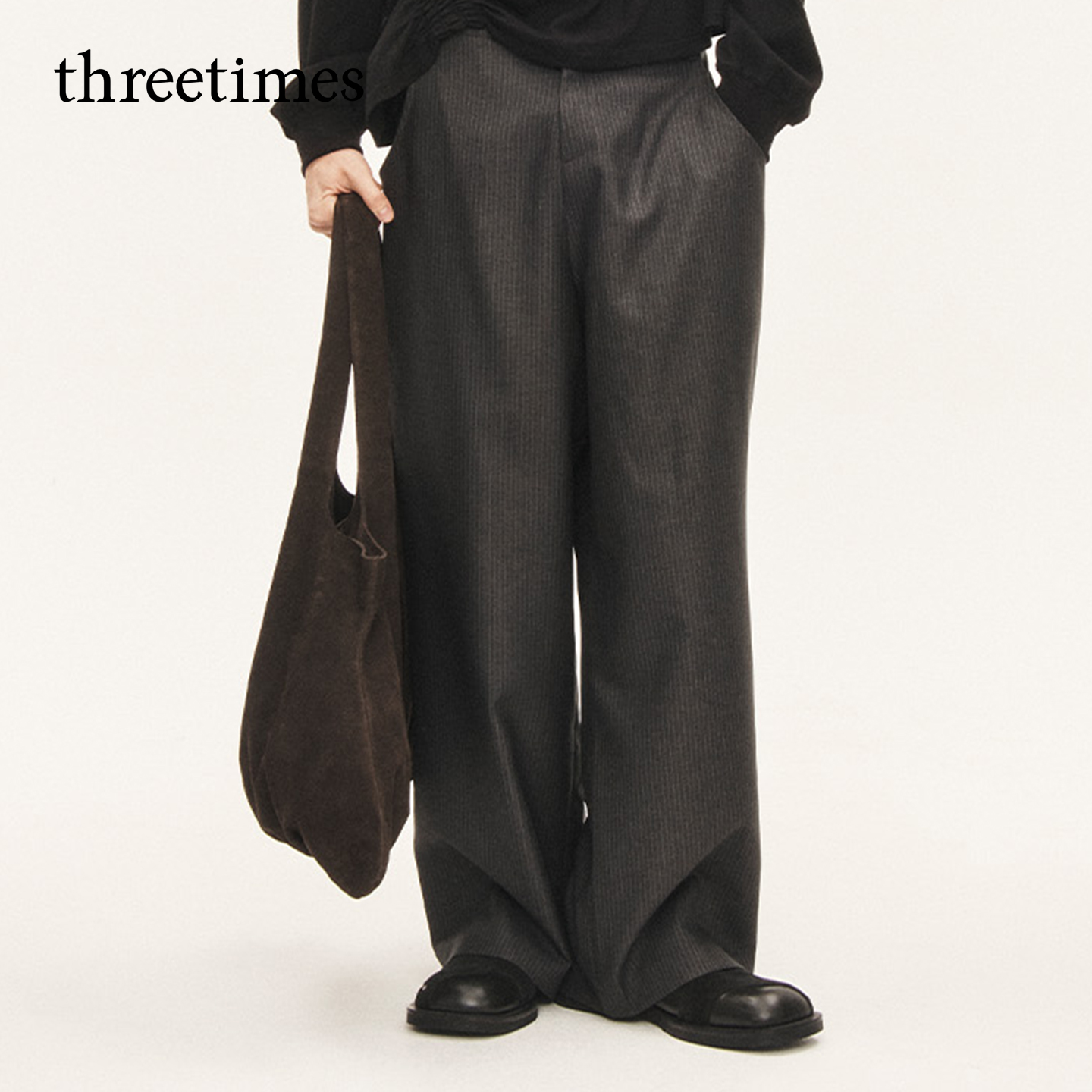 threetimes宽松阔腿条纹西装裤女秋2025新款加长垂感加长通勤裤子