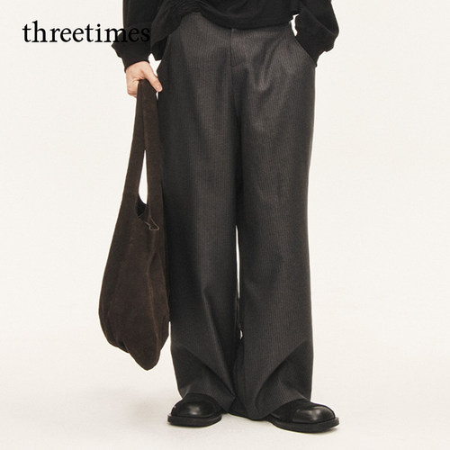 threetimes宽松阔腿条纹西装裤女秋2026早秋加长垂感加长通勤裤子