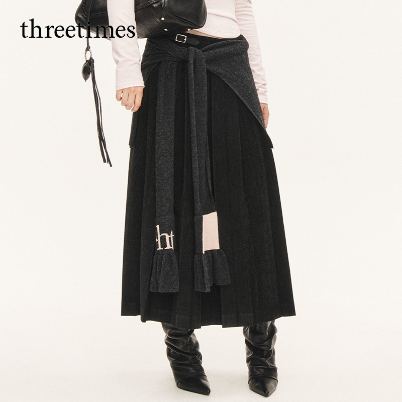 threetimes人字纹高腰a字百褶裙女秋冬2025新款高级感长款半身裙