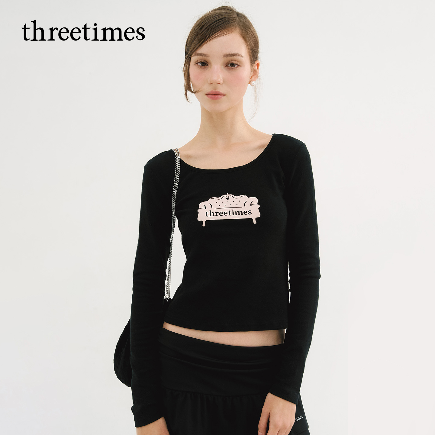 threetimes秋冬季修身内搭长袖t恤女2025新款外穿洋气打底上衣潮