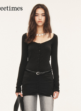 threetimes长款遮屁股修身上衣女秋2025新款大圆领长袖t恤打底衫