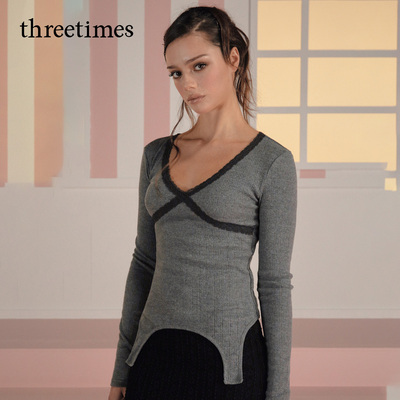 threetimes春秋V领蕾丝花边长袖t恤女2026新款设计感修身针织上衣