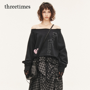 辣妹露肩上衣 复古印花一字领卫衣女秋短款 threetimes2025新款 美式