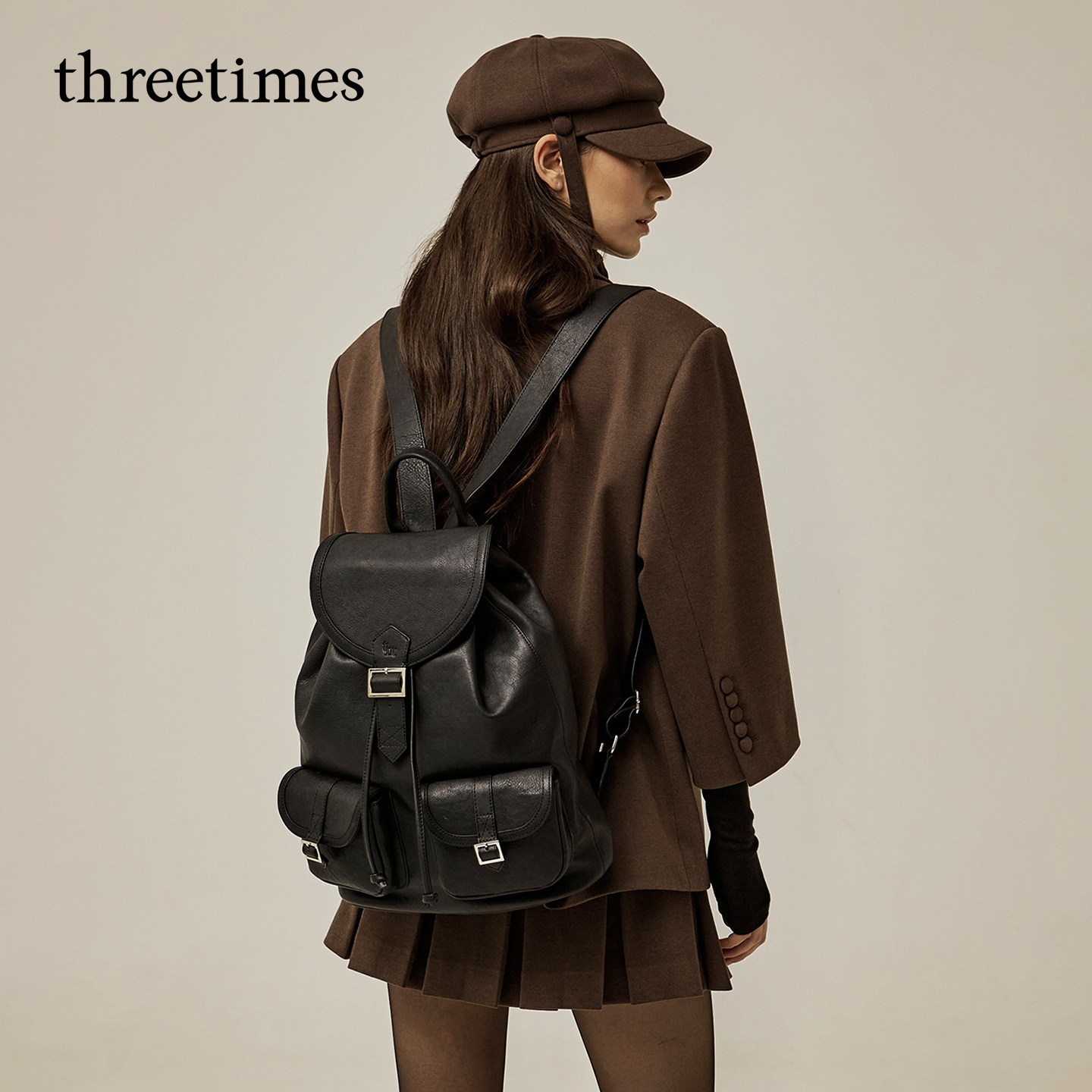 threetimes2025年超火韩系黑色皮质双肩包高级感小众女式通勤背包