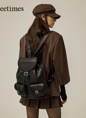 threetimes2026年超火韩系黑色皮质双肩包高级感小众女式通勤背包