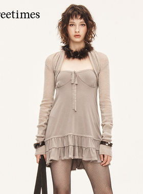 threetimes2025新款修身短款针织披肩开衫外搭罩衫小坎肩上衣女秋