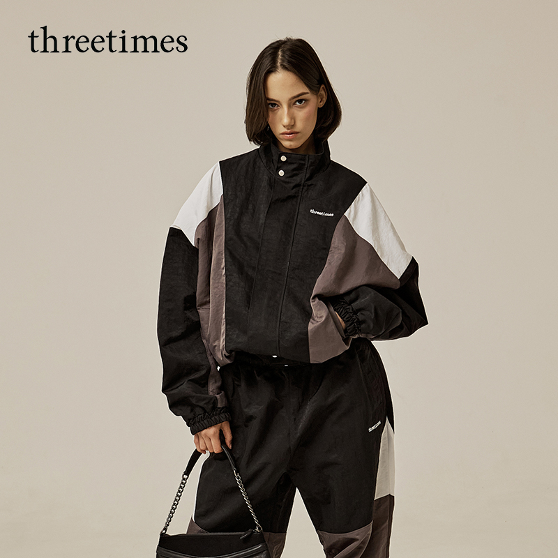 threetimes2025秋季男女同款美式复古撞色拼接立领夹克休闲外套潮