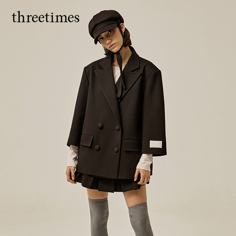 threetimes2025秋冬垫肩毛呢西装外套女中长款韩系宽松高级感洋气