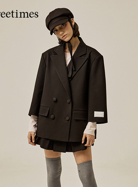 threetimes2026春季垫肩毛呢西装外套女中长款韩系宽松高级感洋气