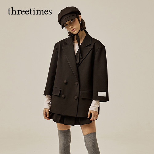 threetimes2026春季垫肩毛呢西装外套女中长款韩系宽松高级感洋气