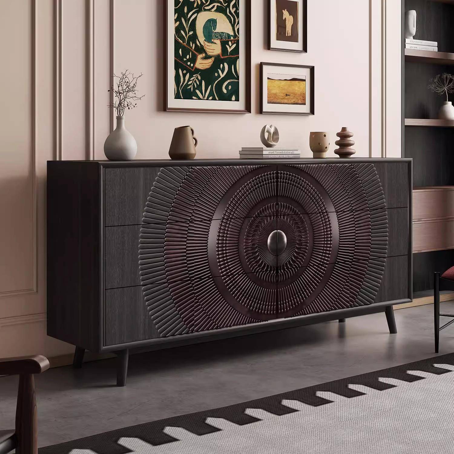 意式餐边柜黑色六斗玄关柜法式设计师高档别墅齿轮装饰复古储物柜