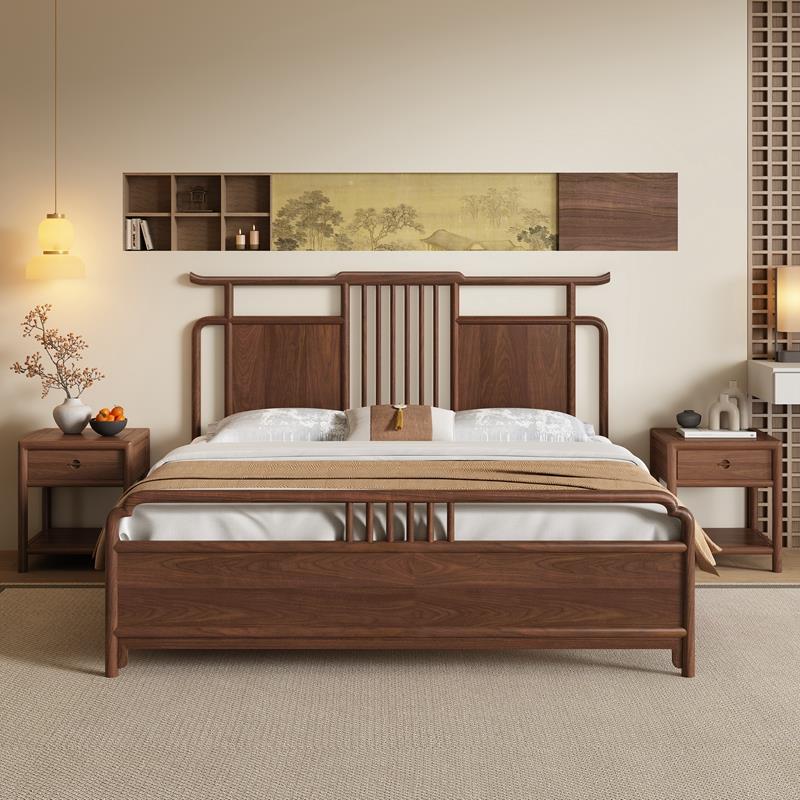 新中式宋式美学床 北美黑胡桃木禅意1.8米双人床婚床大床实木家具