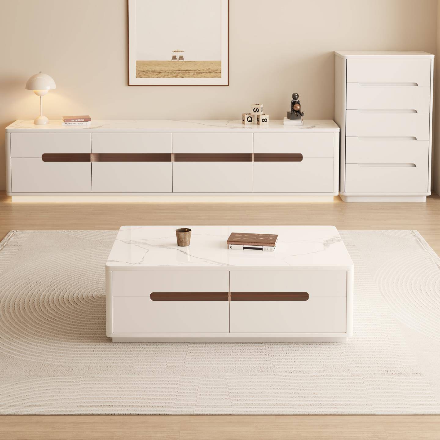 纯实木简约现代高款电视柜茶几组合小户型客厅家用双层储物落地柜