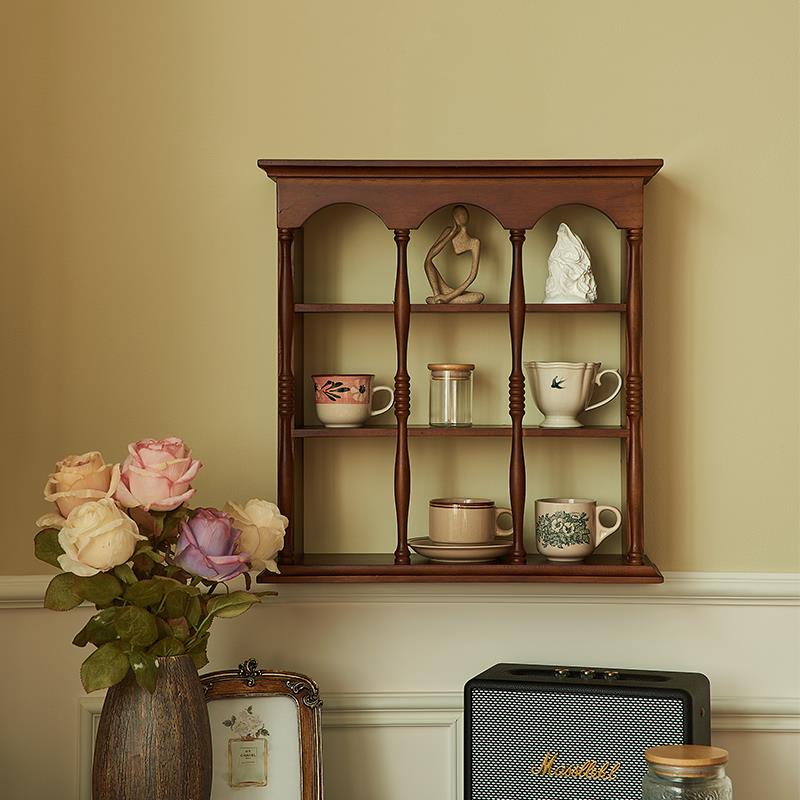 美式复古杯架木质壁柜中古壁挂置物架实木收纳架壁挂式手办展示架