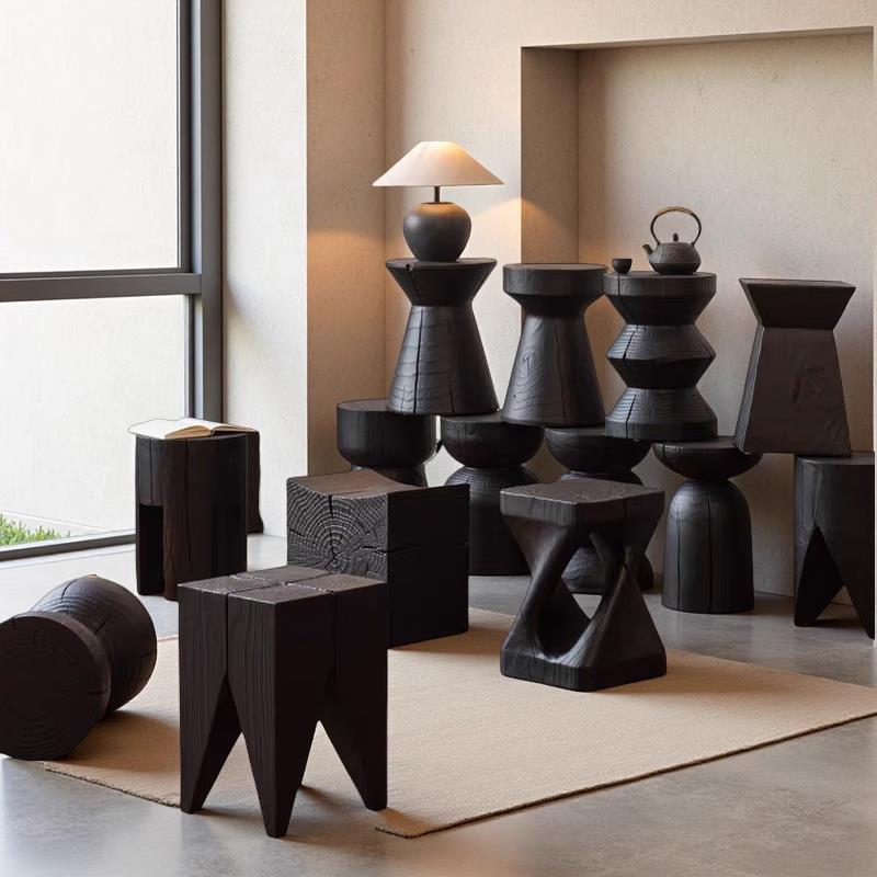 侘寂风原木凳子黑色碳化实木墩子民宿会所床头柜边几角几根雕矮凳