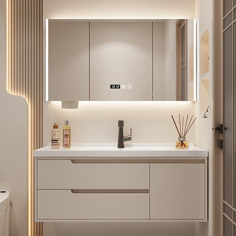 定制奶油风橡木陶瓷一体盆浴室柜组合78cm88厘米98/108公分洗漱台