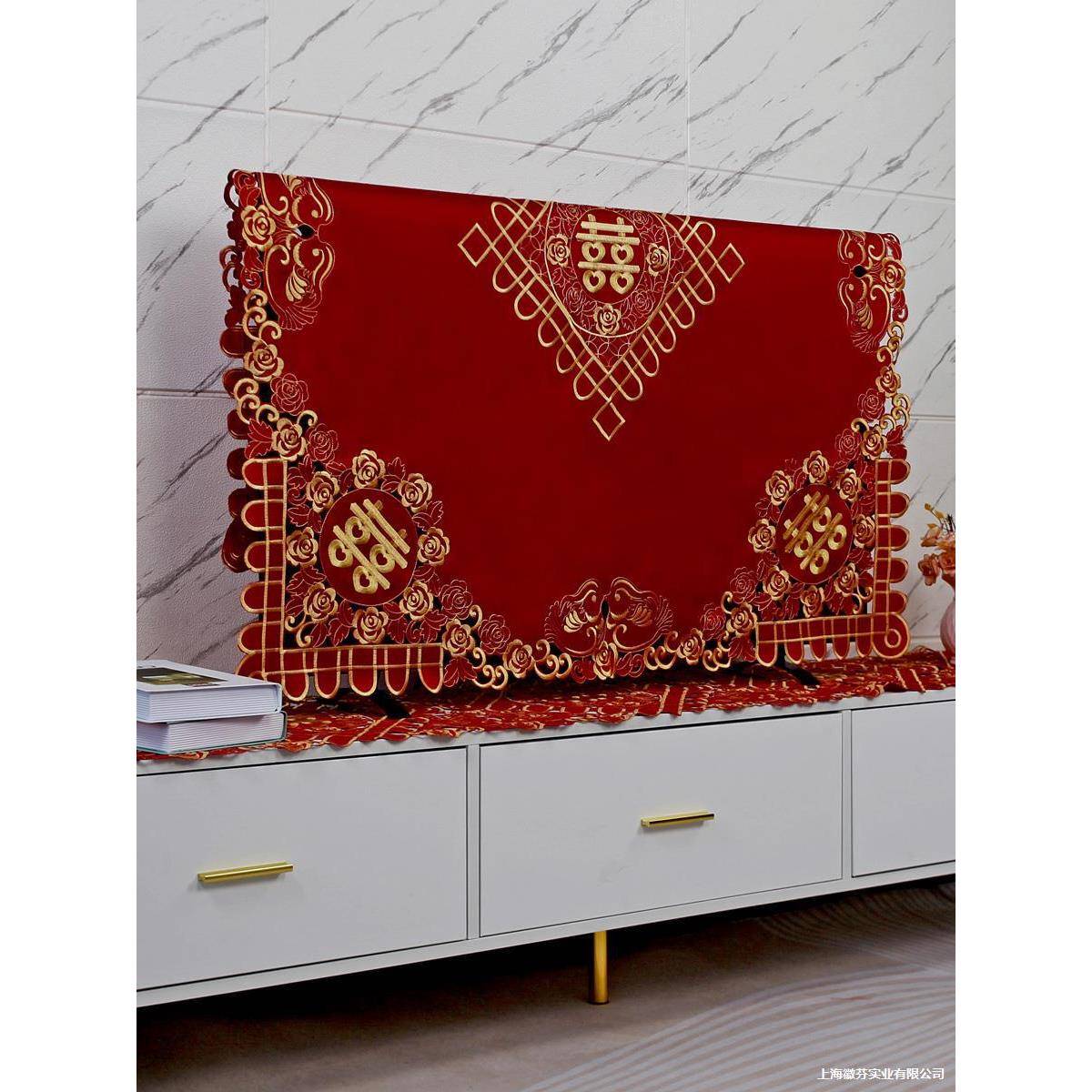 喜庆布艺寸刺绣布55结婚寸罩新居65红色巾盖布电视镂空防尘手工艺
