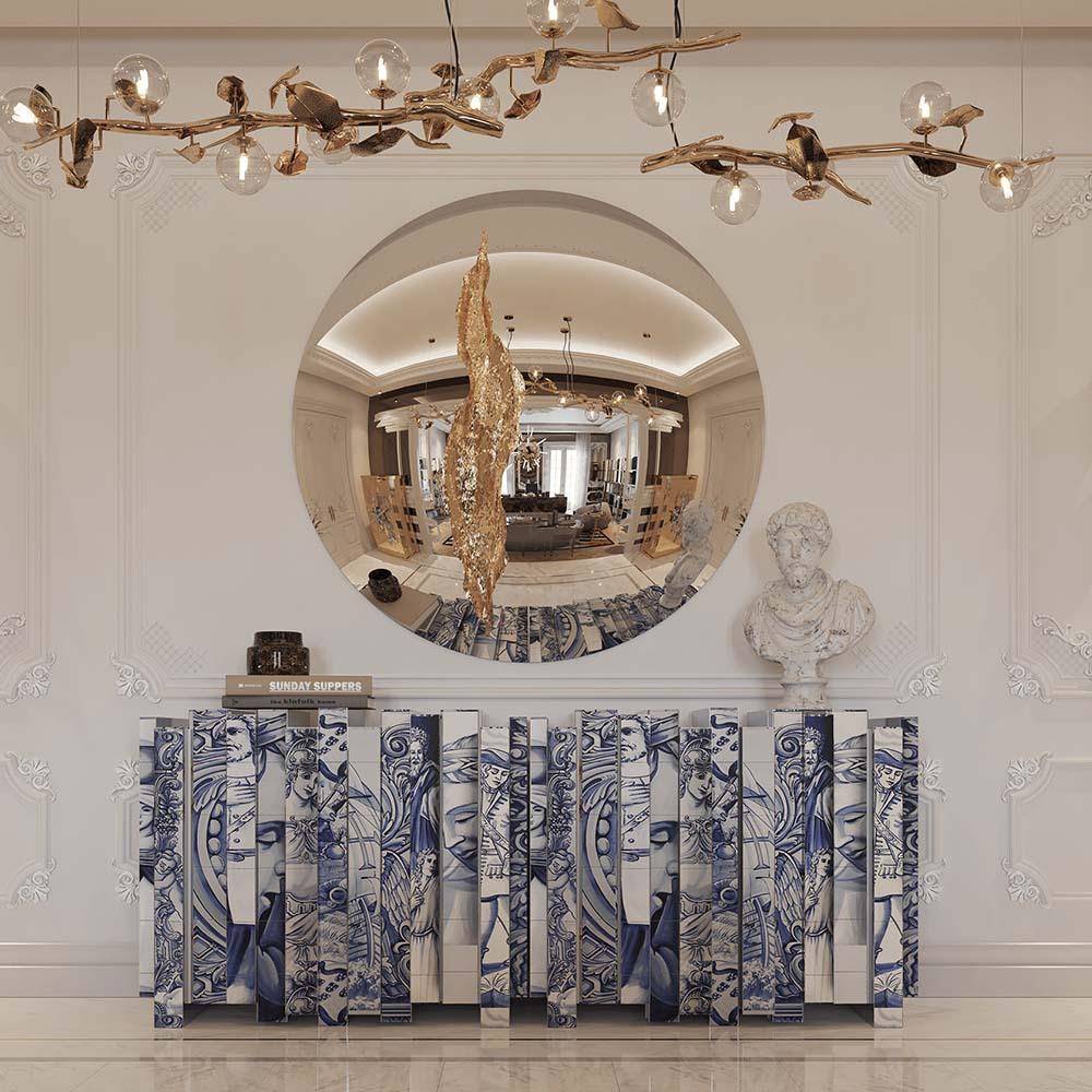 意式设计师彩绘青花瓷艺术边柜大平层别墅靠墙客厅储物柜高柜茶桌