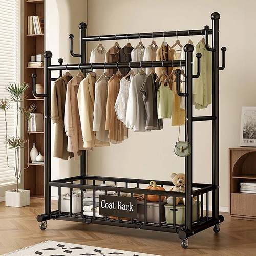 挂衣架落地卧室家用房间室内双杆晾晒衣服架子可移动多功能衣帽架