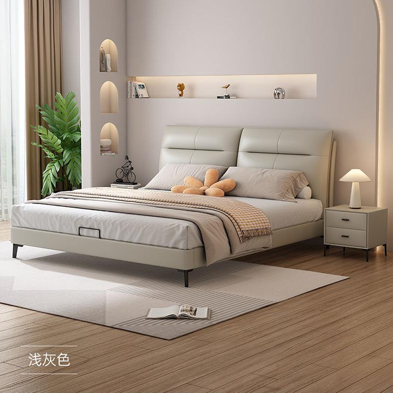 极简奶油风真皮床主卧1.8米双人床现代简约轻奢皮艺床齐边软包床