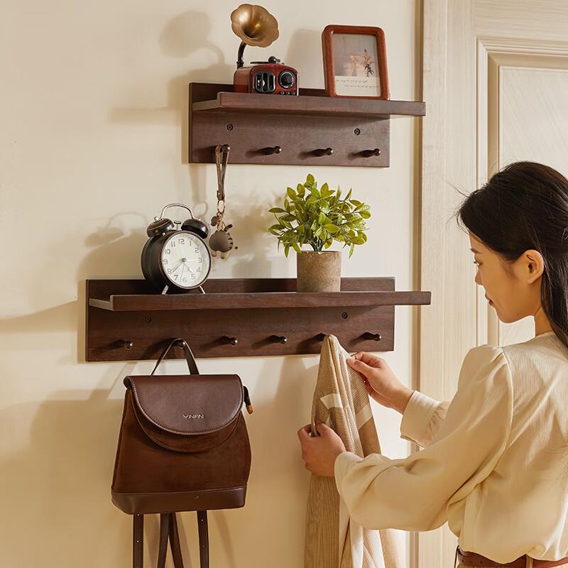 【折扣价】墙上置物架实木壁挂创意门厅挂衣钩带隔板衣帽架层板免
