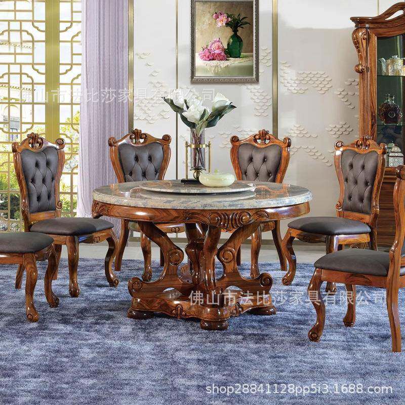 乌金木餐桌椅组合大理石实木餐厅家用圆形饭桌奢华别墅大户型欧式