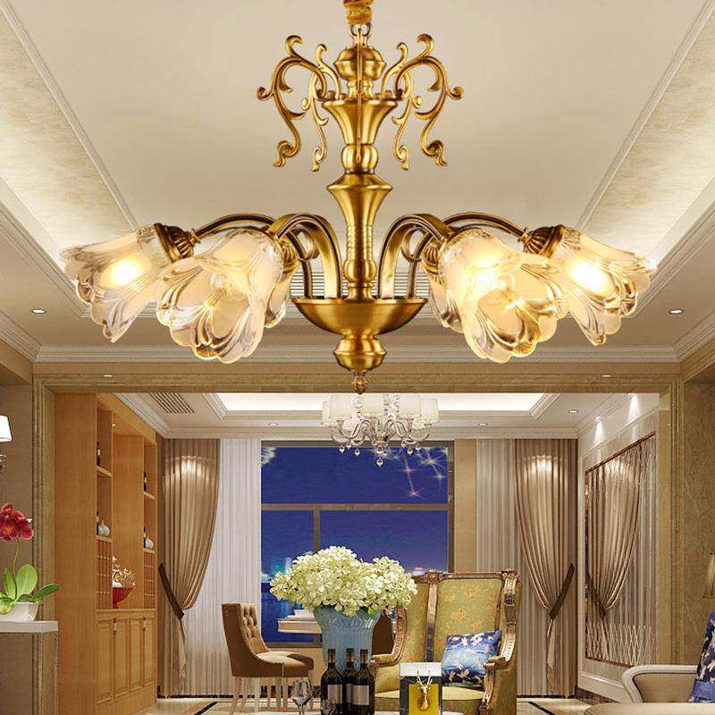 美式全铜吊灯全铜花枝灯具餐厅书房间铜灯6头玻璃吊灯罩9307