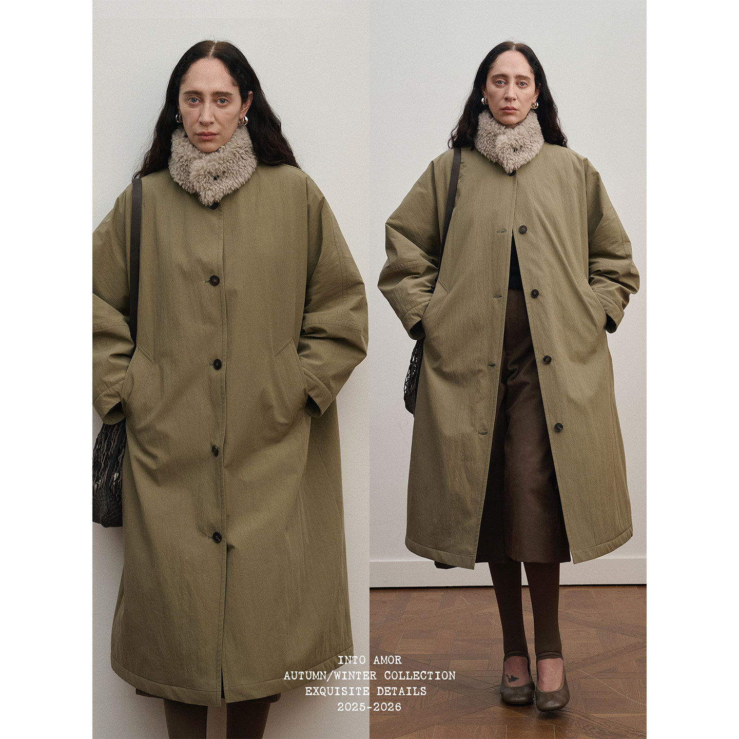 INTO AMOR冬季女慵懒感环保皮草围脖长款立领风衣设计羽绒服外套