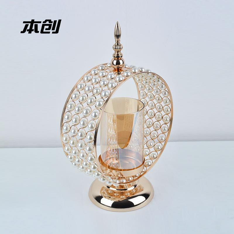 欧式烛台金色铁艺蜡烛台珍珠环形蜡烛座简约橱窗装饰摆件复古蜡台