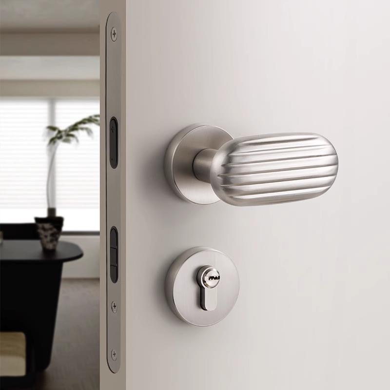 银色卧室门锁室内木门机械房门锁家用锁具分体磁吸静音房间门把手