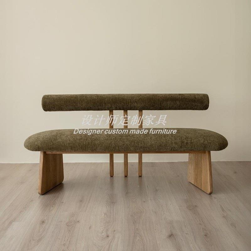 新款中古风实木餐厅长餐椅设计师家用布艺双三人靠背长椅餐桌长凳