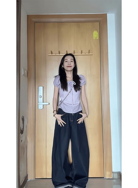 实价现货韩系夏日穿搭一整套紫色绑带设计感上衣阔腿牛仔裤两件套