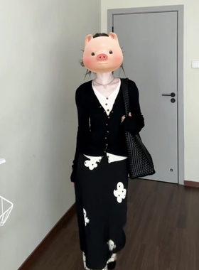 黑色假两件V领针织衫上衣女秋季高腰碎花半身裙套装