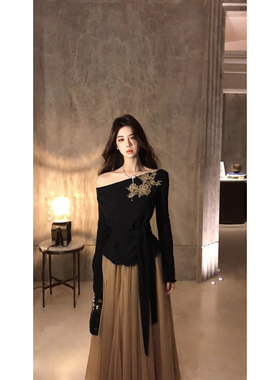 法式高级感黑色刺绣收腰绑带长袖上衣女秋季网纱蓬蓬裙