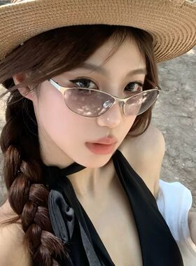美式复古金属猫眼浅水银太阳眼镜女户外夏季防紫外线高级感墨镜女